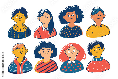 Portraits of Diversity: Collection of stylized portrait illustrations, each showcasing unique character and distinct personality, in vibrant and welcoming style. 
