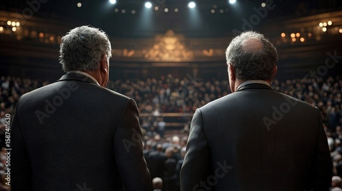 Back view of two formally dressed men addressing a vast crowd in a dimly lit auditorium under bright stage lights