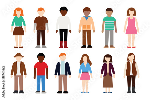 Diversity of Personalities: A mosaic of 12 stylized figures representing diverse individuals in varying attire, each a unique embodiment of the human experience.