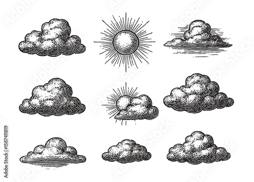 Classic-style sketches of various fluffy clouds and sun, engraved in black and white.