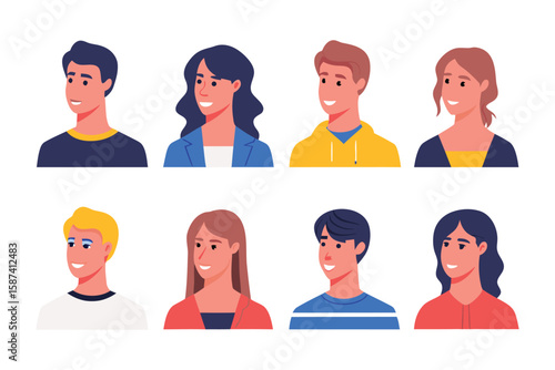 Character Portraits: Eight diverse character portraits showcase a spectrum of expressions and appearances, each a unique representation of individuality. Illustrated in a clean, contemporary style