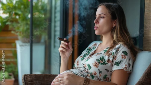 Pregnant woman smoking cigarette, controversial lifestyle concept.