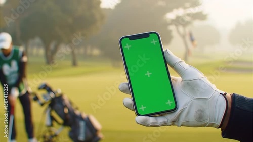 Golfer's gloved hand holding smartphone with green screen during a morning championship golf tournament with caddy, cart, bag, and putting hole in background.