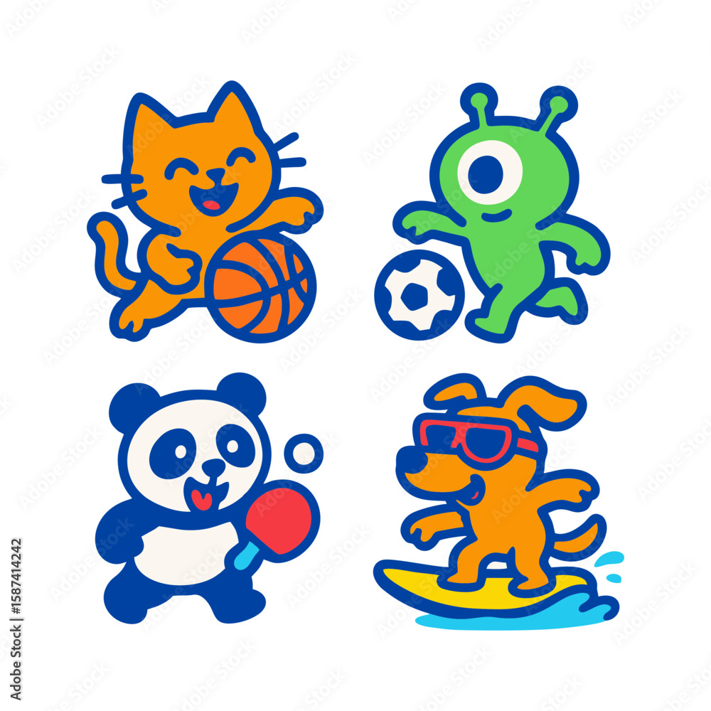 Fototapeta premium Cartoon animals playing various sports and activities, including basketball, soccer, ping pong, and surfing.