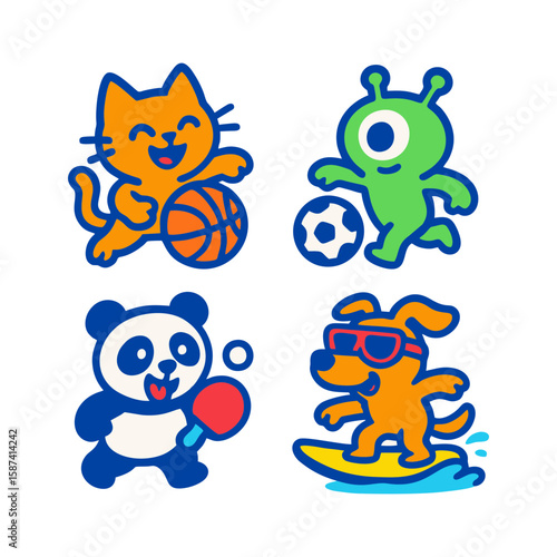 Cartoon animals playing various sports and activities, including basketball, soccer, ping pong, and surfing.