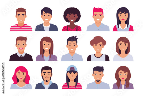 Diversity in Digital Portraits: A vibrant collection of diverse individuals from various cultural backgrounds, each exuding unique character in a professional, clean-cut style.