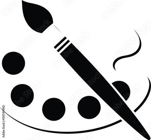 Illustration of a gray artist palette with black paint circles and a black paintbrush resting on it