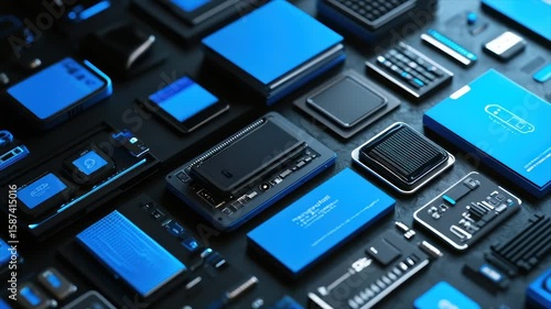 Futuristic tech components, blue accents, dark background