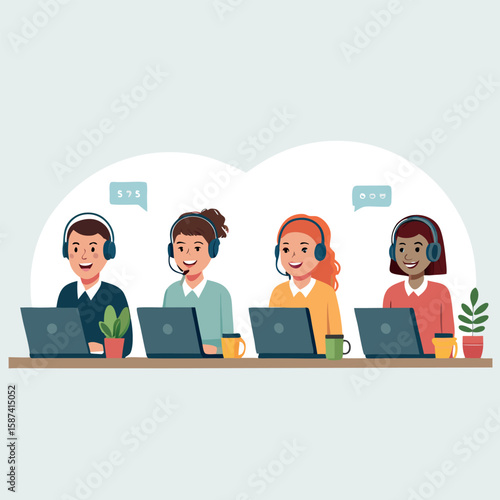 Diverse team with headsets using laptops and providing assistance with speech bubbles