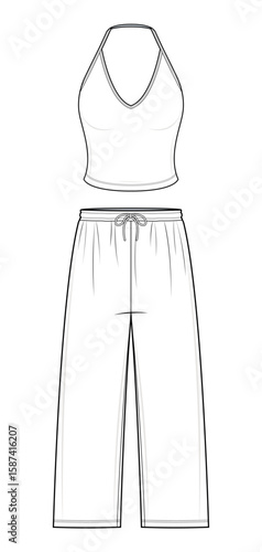 Halter Crop Top and Wide-Leg Pants Set Technical Fashion Illustration. Two-Piece Outfit Vector Template. Front View. Relaxed Fit. Summer Casualwear. Women’s Clothing. CAD Mockup Set.
