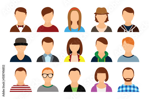 Profile Portraits: A collection of diverse, faceless avatar icons, representing individuals of various ages and styles, perfect for conveying individuality and digital representation.
