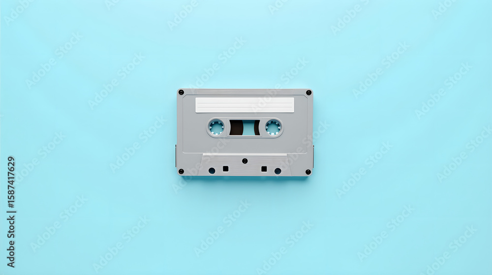 Obraz premium Silver Cassette Tape on Bright Blue Background 