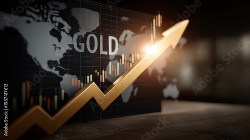 A global financial chart with an upward-pointing golden arrow and the word 'GOLD', set against a world map background.