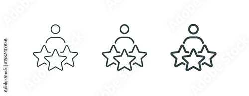 Outline icon talent acquisition, employee award, customer satisfaction, success. Line sign three stars above man with his hands raised. Vector isolated pictograms on white background editable stroke.
