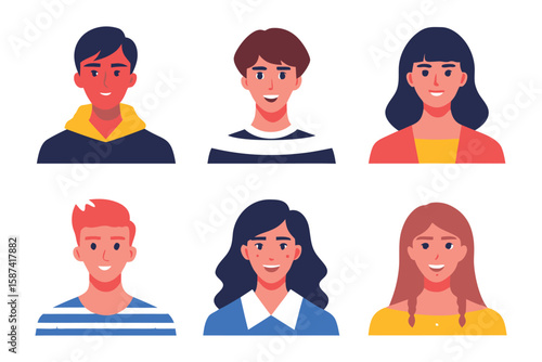 Diverse Faces: A vibrant collection of six illustrated portraits capturing the unique essence of individuals, each radiating a distinct charm and character. 