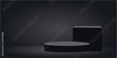 Black elegant cylinder and cube podium stage platform pedestal vector. Ideal for product displays, awards, presentations, or minimalist design needing a sophisticated, geometric base.
