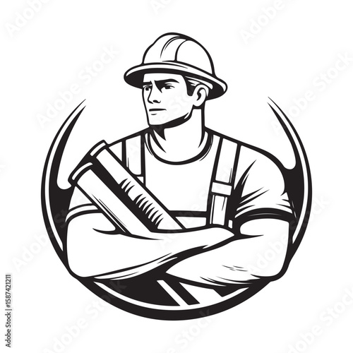 Construction Worker Logo Vector Wearing Helmet and Safety Gear, Representing Industry and Safety