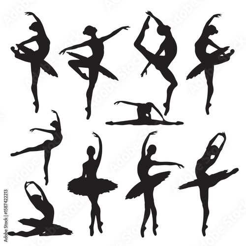 Elegant Ballet Dancer Silhouettes Graceful Poses in Black and White for Artistic and Design Projects, Embodying Dance, Performance, and Rhythmic Movement