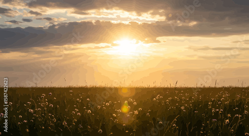 A serene sunset over a field of wildflowers, casting a warm glow on the landscape