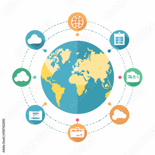 Flat vector icons showing global connectivity: world map with network lines, cloud sync, CDN (Content Delivery Network), global IP routing