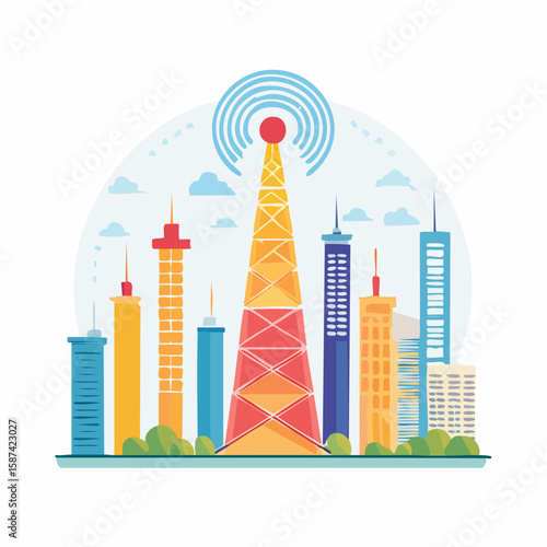 Flat vector icons for wireless communication: signal tower, access point, hotspot, mesh network, and signal bars, colorful modern theme