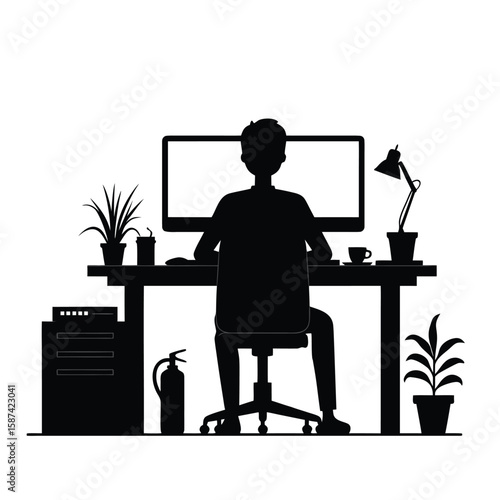 Person working at desk with computer and plants silhouette monitor