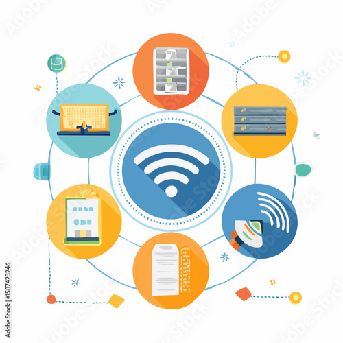 Flat design vector icons showing types of internet connection: Wi-Fi, fiber optic, satellite, mobile data (4G/5G), and ethernet