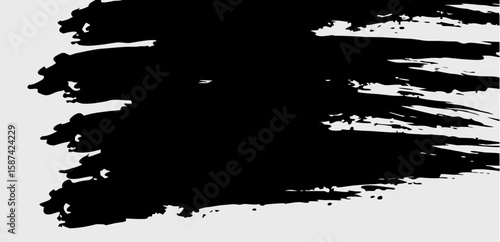 Vector  abstract black brush strokes with rough edges and splatters on a light gray background illustration art