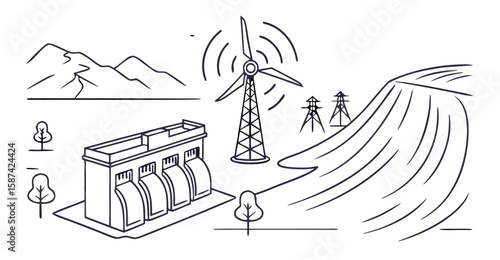 Vector  illustration of a landscape with a hydroelectric dam, wind turbine, power lines, and mountains in black and white