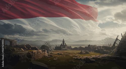 Majestic Indonesian flag fluttering above a war-torn landscape with distant castle