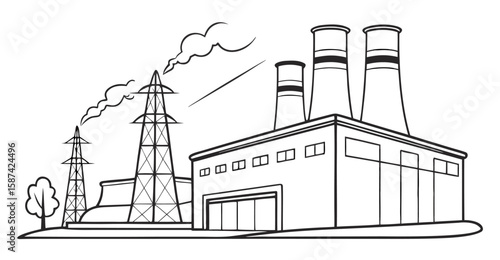 Vector  illustration of a power plant with transmission towers and smoke coming from the chimneys in black and white