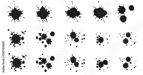 Vector  collection of fifteen black ink splatters and blots arranged on a white background for artistic design