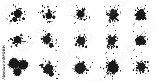 Vector  illustration of various black ink splatters and blots scattered across a white background design element
