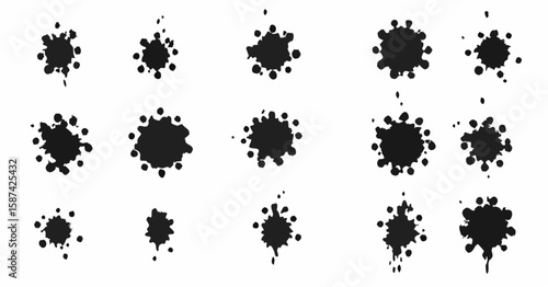 Vector  collection of stylized ink blots arranged in a grid pattern on a white background showing variations