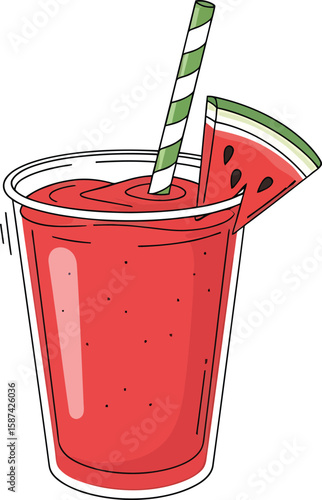Illustration of a refreshing watermelon smoothie in a clear plastic cup with a striped straw and a watermelon slice garnish.