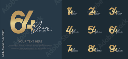 Anniversary logo set vector design, gold and silver color for celebration event