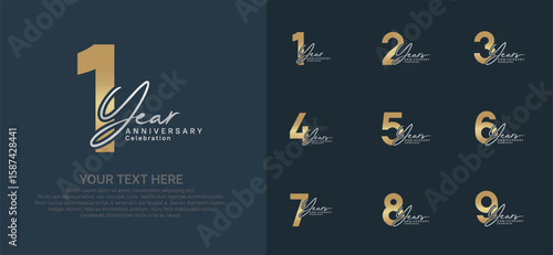 Anniversary logo set vector design, gold and silver color for celebration event