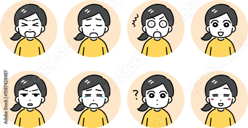 若い女性のいろんな表情の丸いアイコンのセット(上半身)