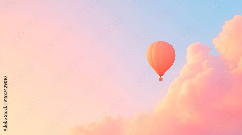 Fototapeta premium A solitary orange hot air balloon drifts through a pastel sky with soft clouds