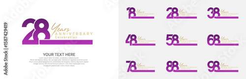 Anniversary logo set vector design, purple and golden color for celebration event