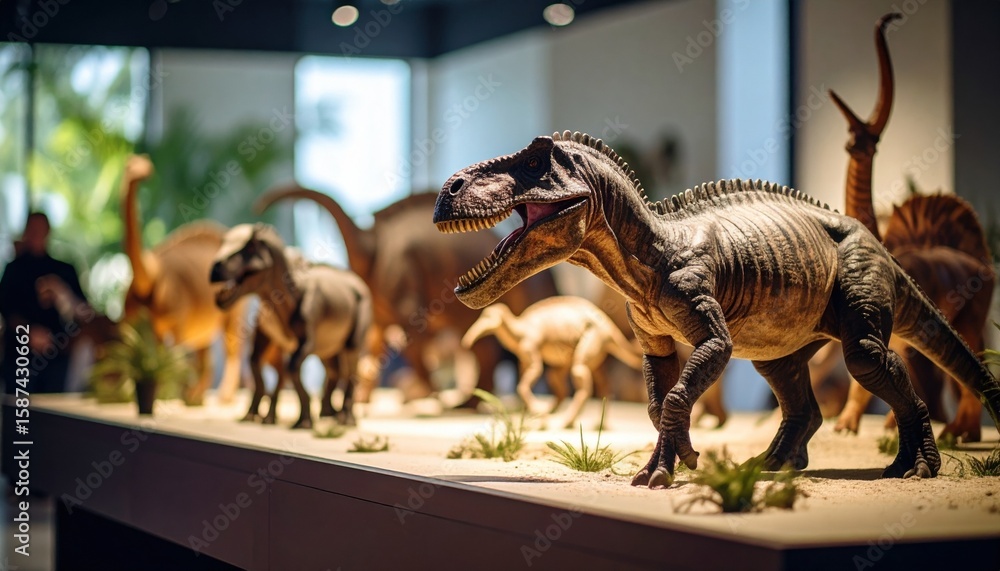 Fototapeta premium Realistic dinosaur models on display in a museum setting A detailed large theropod model with open mouth stands