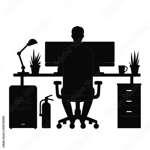 Person working at desk with computer and office supplies silhouette monitor