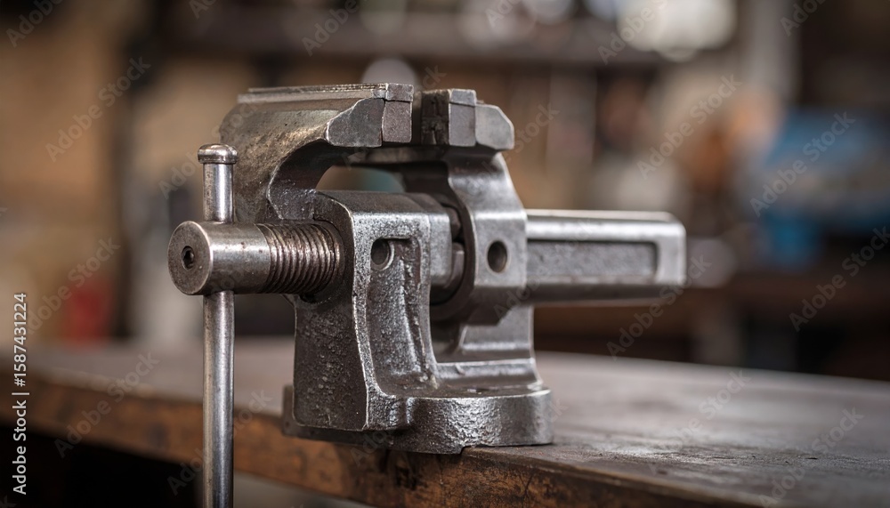 Fototapeta premium A robust vintage cast iron bench vise sits on a rustic wooden workbench Visible in a blurred workshop environment