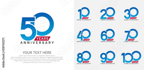 Anniversary logo set vector design, blue and red color for celebration event