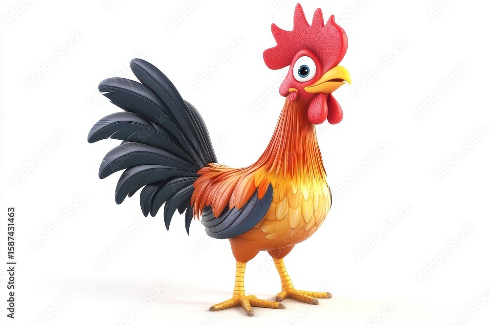 Fototapeta premium Rooster crowing 3d cartoon character on white background