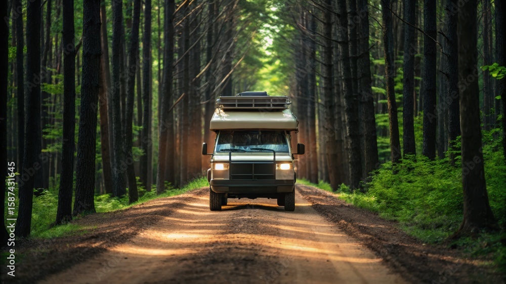 A camper van drives down a dirt road surrounded by tall, dense trees, creating a serene atmosphere in a forest setting. A camper van drives down a dirt road surrounded by tall, dense trees, creating a serene atmosphere in a forest setting.