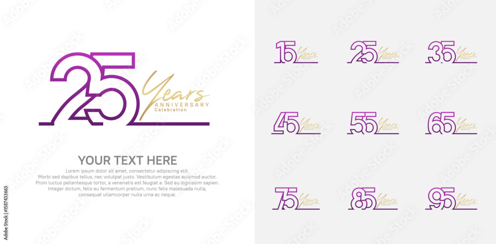 Naklejka premium Anniversary logo set vector design, purple and gold color for celebration event