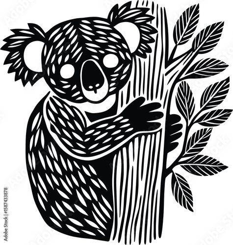 Black and white illustration of a koala clinging to a tree branch with leaves animal