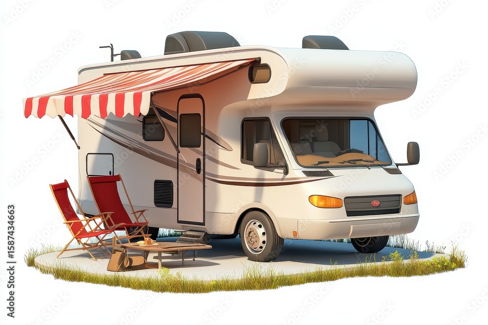 Naklejka premium RV Camping - Using a recreational vehicle (RV) to camp with the comfort of home amenities. isolated in 3d cartoon character on white background