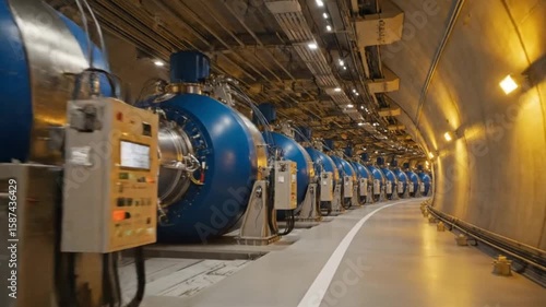 Advanced Particle Accelerator Tunnel with Blue Magnetic Superconducting Chambers and High Tech Infrastructure in Underground Scientific Research Facility